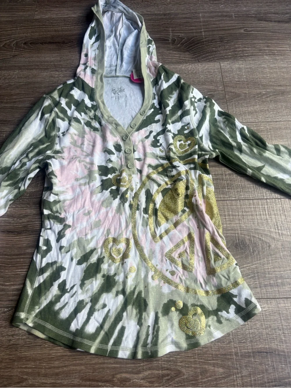 Justice Green and Pink Tie-Dye Long Sleeve Top with Gold Graphic NWT